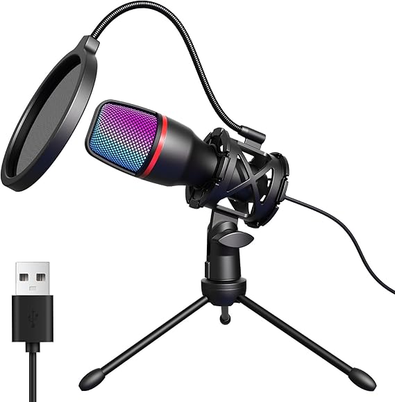Microfone USB profissional Hoppac para PC, microfone condensador com tripé e filtro pop, microfone plug & play compatível com PC, laptops, PS4/5, microfone para streaming, podcasting, YouTube