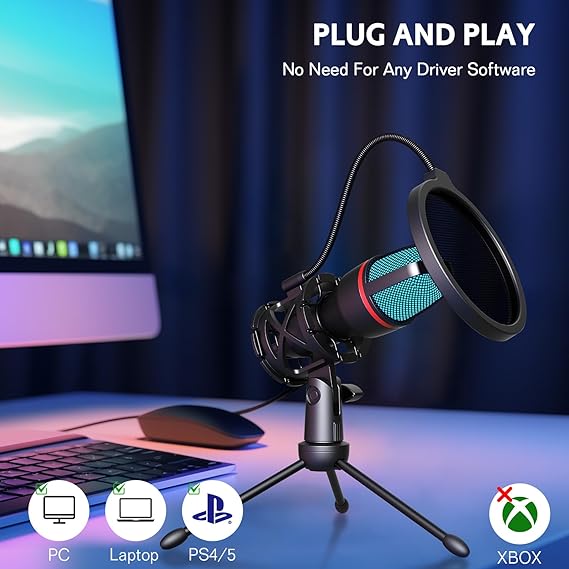 Microfone USB profissional Hoppac para PC, microfone condensador com tripé e filtro pop, microfone plug & play compatível com PC, laptops, PS4/5, microfone para streaming, podcasting, YouTube