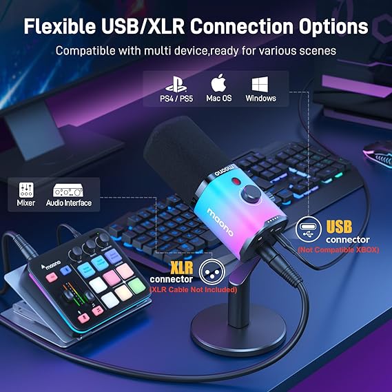 Microfone para jogos MAONO XLR/USB, microfone dinâmico para PC PS4/5 com RGB para streaming de podcast, gravação de voz, microfone de computador com cancelamento de ruído, botão mudo